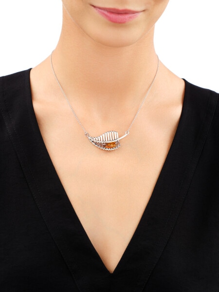 Rhodium Plated Silver Necklace with Amber