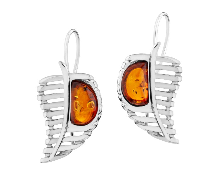 Rhodium Plated Silver Dangling Earring with Amber