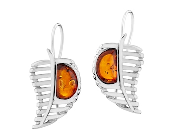 Rhodium Plated Silver Dangling Earring with Amber