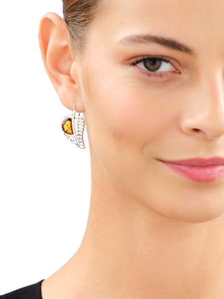 Rhodium Plated Silver Dangling Earring with Amber