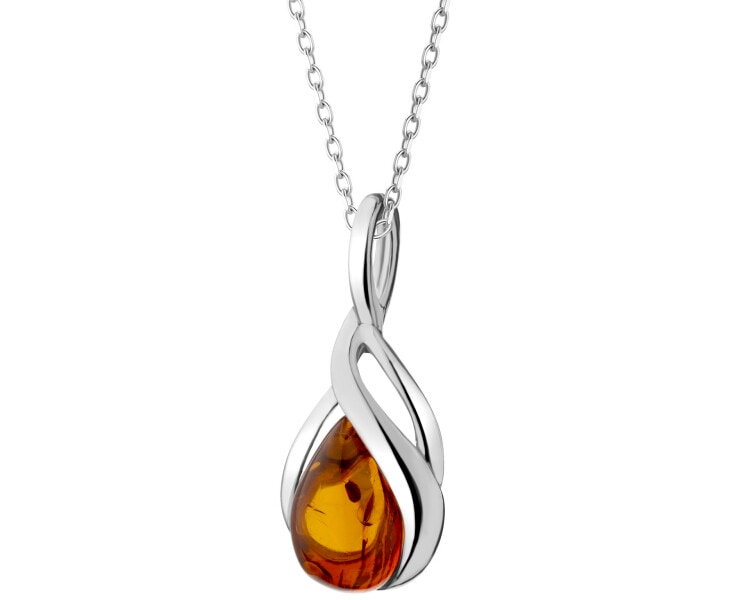 Rhodium Plated Silver Pendant with Amber