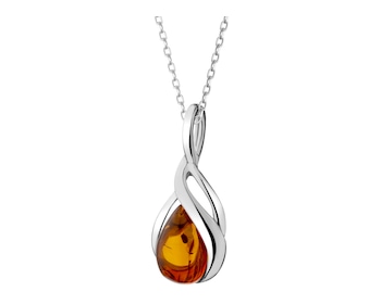 Rhodium Plated Silver Pendant with Amber