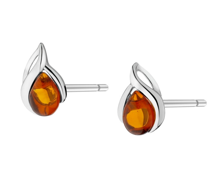 Rhodium Plated Silver Earrings with Amber