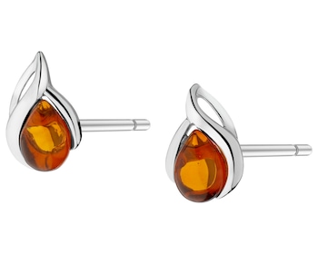 Rhodium Plated Silver Earrings with Amber