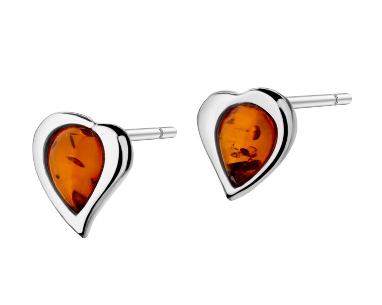 Rhodium Plated Silver Earrings with Amber