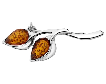 Rhodium Plated Silver Brooch with Amber