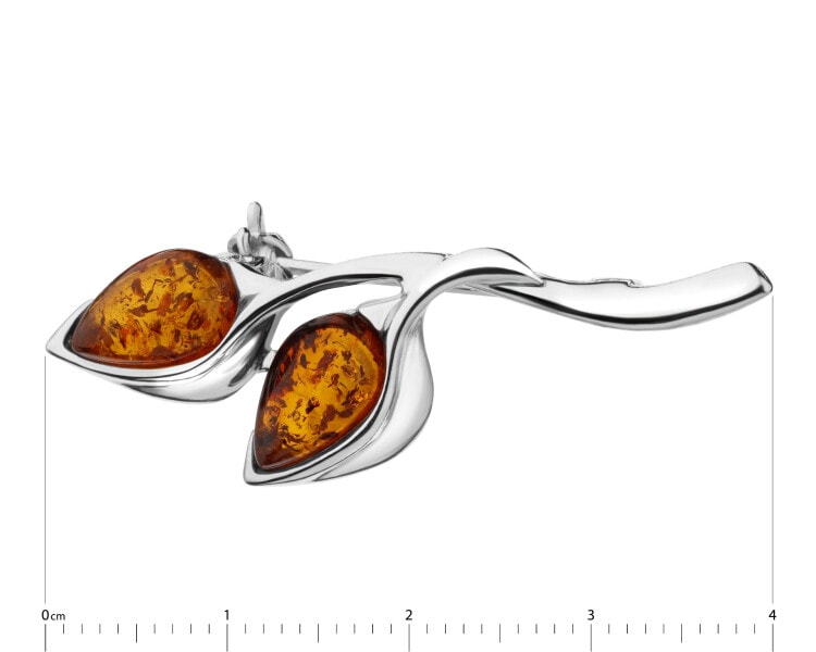 Rhodium Plated Silver Brooch with Amber