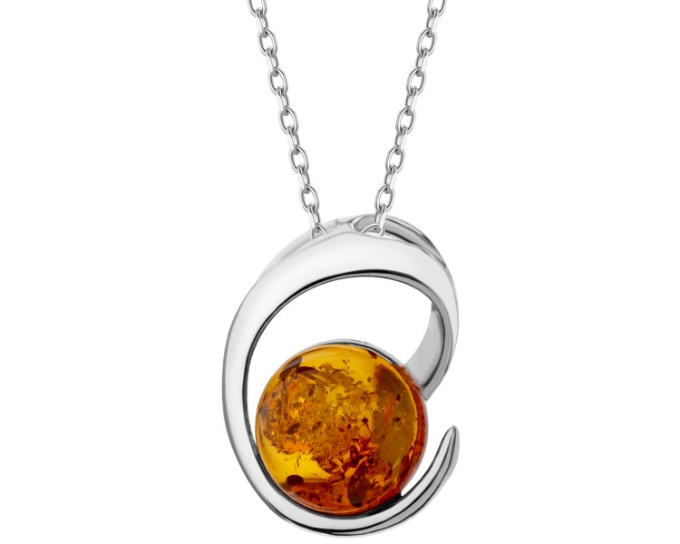 Rhodium Plated Silver Pendant with Amber