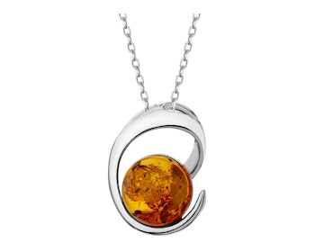 Rhodium Plated Silver Pendant with Amber