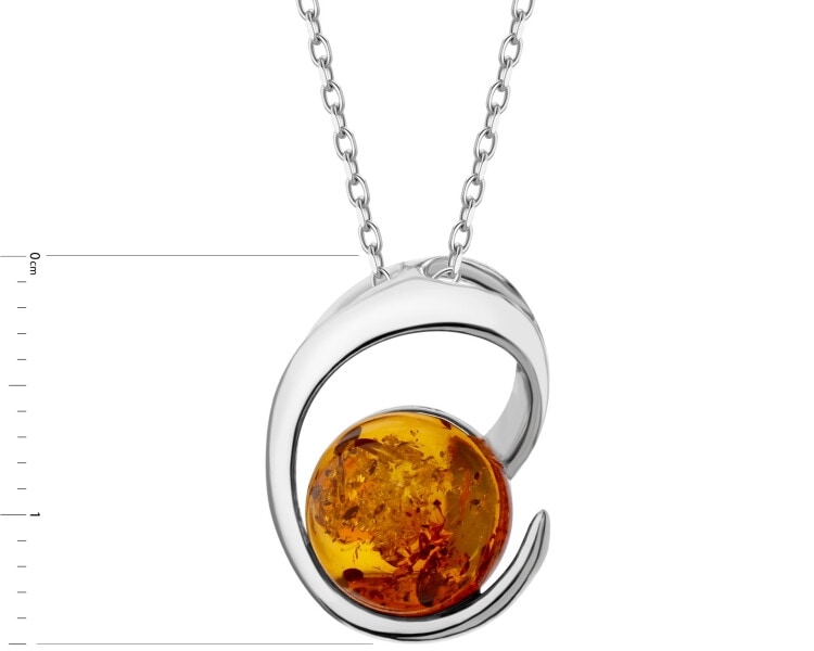 Rhodium Plated Silver Pendant with Amber