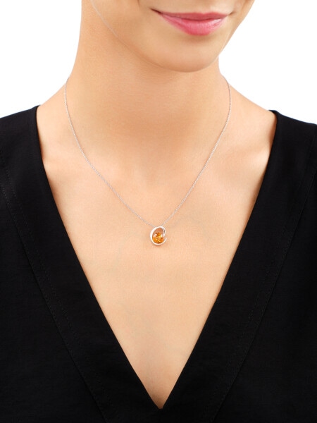 Rhodium Plated Silver Pendant with Amber