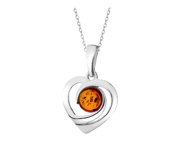 Rhodium Plated Silver Pendant with Amber