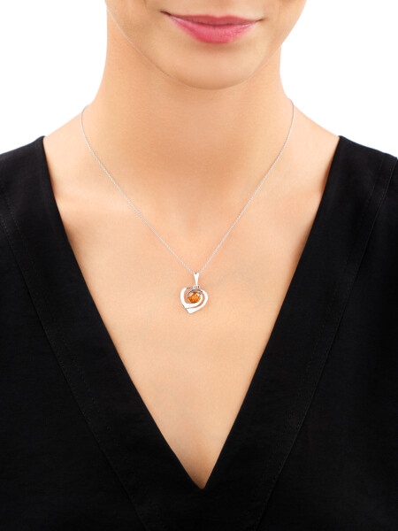 Rhodium Plated Silver Pendant with Amber