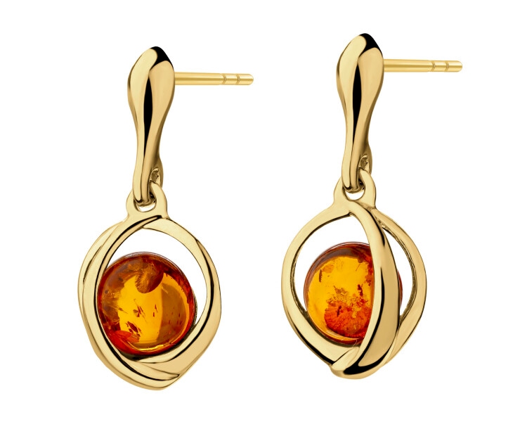 Gold-Plated Silver Dangling Earring with Amber