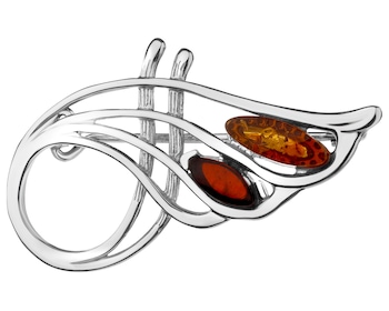 Rhodium Plated Silver Brooch with Amber