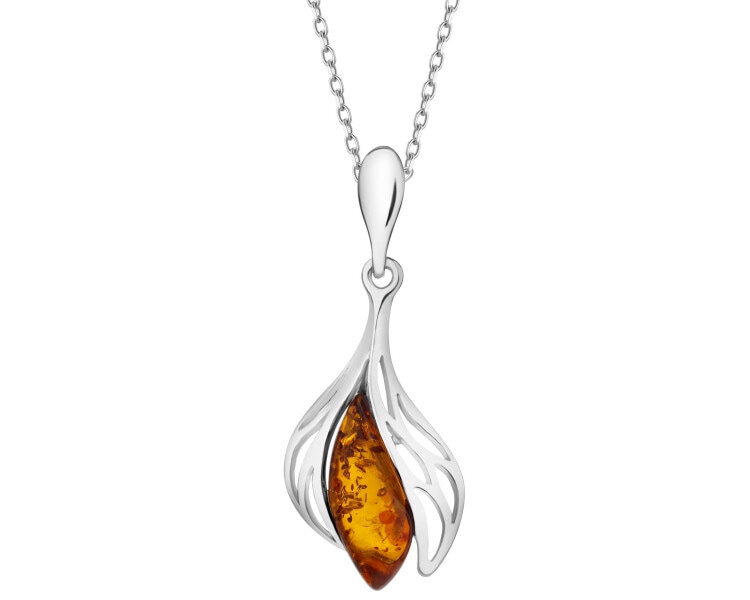 Rhodium Plated Silver Pendant with Amber