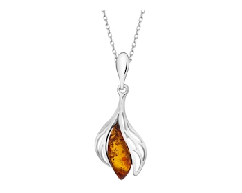 Rhodium Plated Silver Pendant with Amber