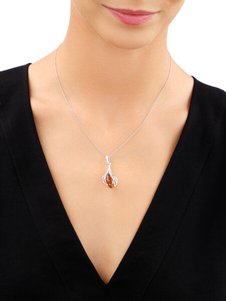 Rhodium Plated Silver Pendant with Amber