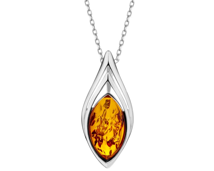 Rhodium Plated Silver Pendant with Amber