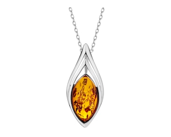 Rhodium Plated Silver Pendant with Amber