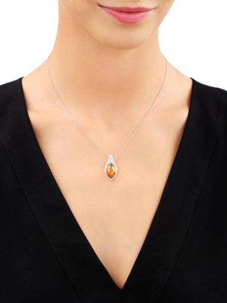 Rhodium Plated Silver Pendant with Amber