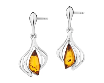 Rhodium Plated Silver Dangling Earring with Amber