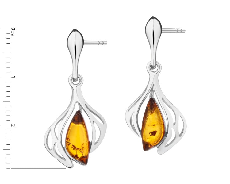 Rhodium Plated Silver Dangling Earring with Amber