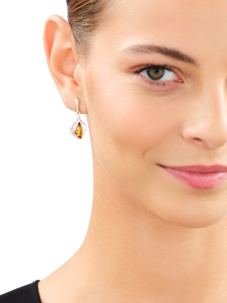 Rhodium Plated Silver Dangling Earring with Amber