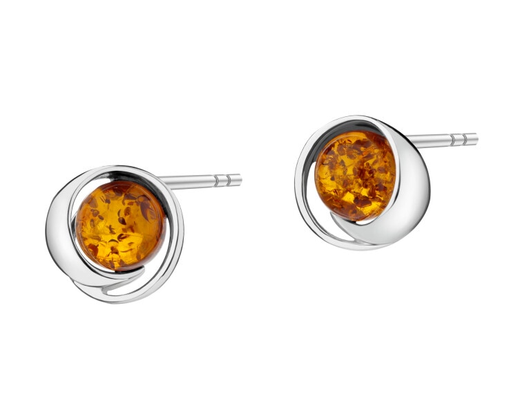 Rhodium Plated Silver Earrings with Amber