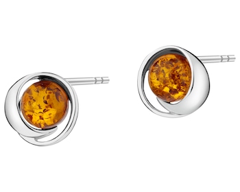 Rhodium Plated Silver Earrings with Amber