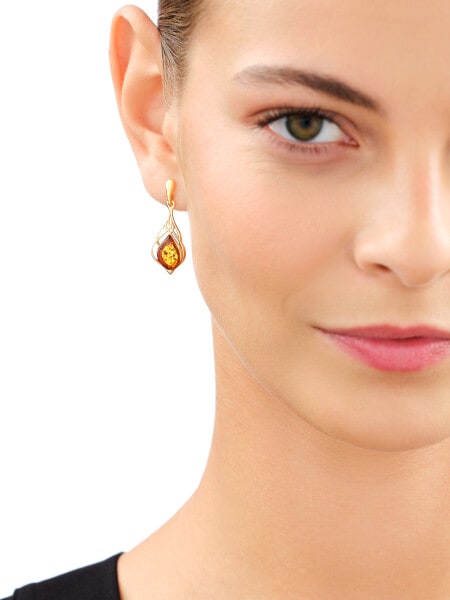 Gold-Plated Silver Dangling Earring with Amber