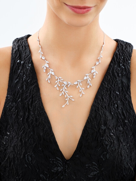 Rhodium Plated Silver Collar Necklace with Cubic Zirconia