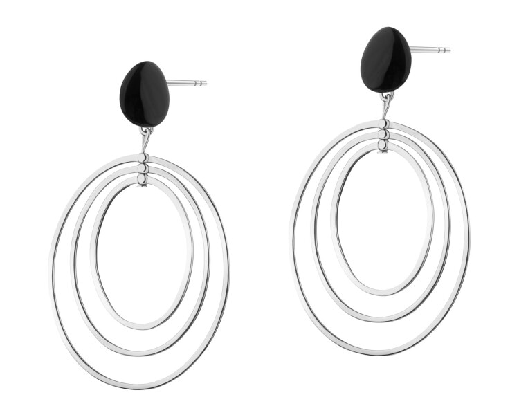 Rhodium-Plated Brass, Rhodium-Plated Silver Dangling Earring with Agate