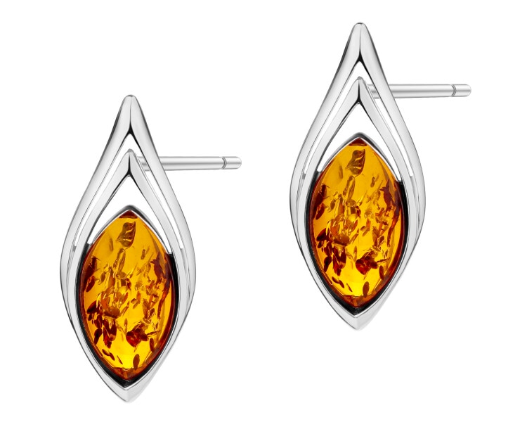 Rhodium Plated Silver Earrings with Amber