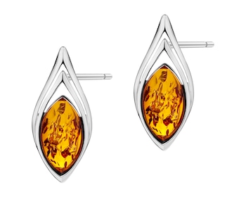 Rhodium Plated Silver Earrings with Amber