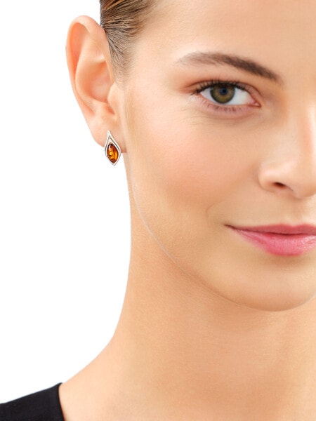 Rhodium Plated Silver Earrings with Amber