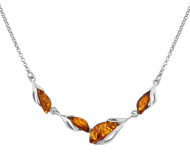 Rhodium Plated Silver Necklace with Amber