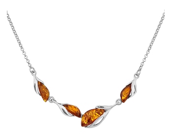 Rhodium Plated Silver Necklace with Amber