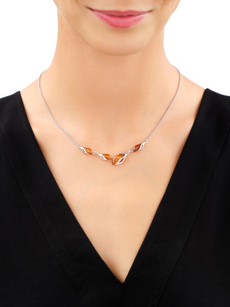 Rhodium Plated Silver Necklace with Amber