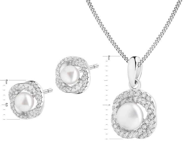 Stříbrné náušnice a přívěsek s perlami a zirkony, řetízek - sada