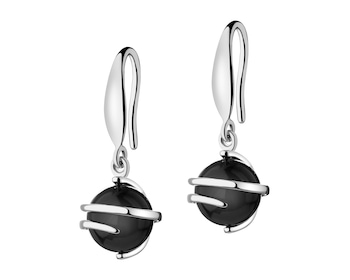 Rhodium-Plated Brass, Rhodium-Plated Silver Dangling Earring with Agate