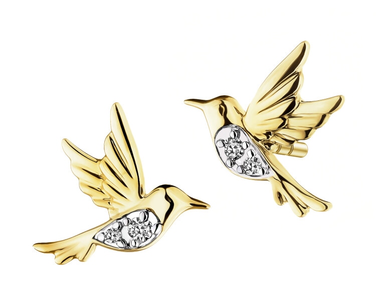 Kolczyki z żółtego złota z diamentami - kolibry - 0,02 ct - próba 375