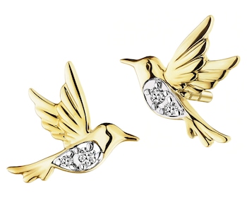 Kolczyki z żółtego złota z diamentami - kolibry - 0,02 ct - próba 375