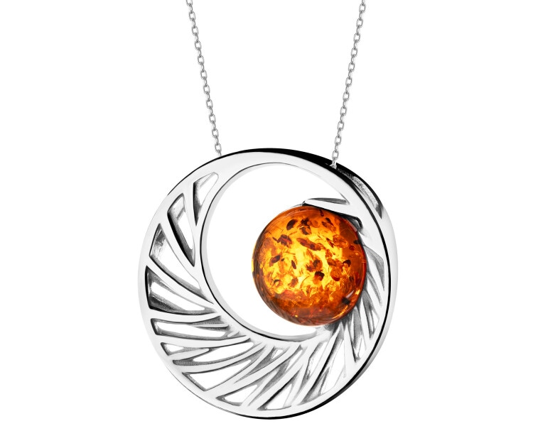 Rhodium Plated Silver Pendant with Amber