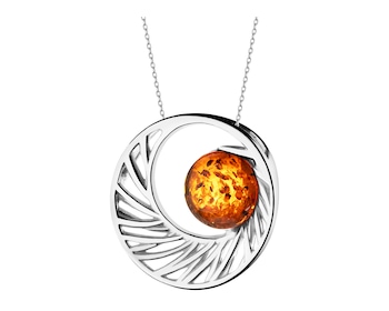 Rhodium Plated Silver Pendant with Amber