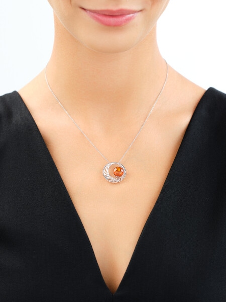 Rhodium Plated Silver Pendant with Amber