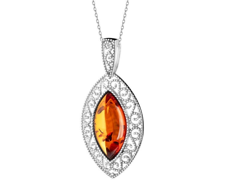 Rhodium Plated Silver Pendant with Amber