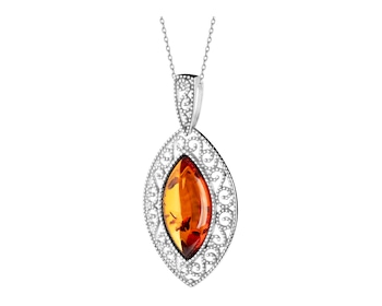 Rhodium Plated Silver Pendant with Amber