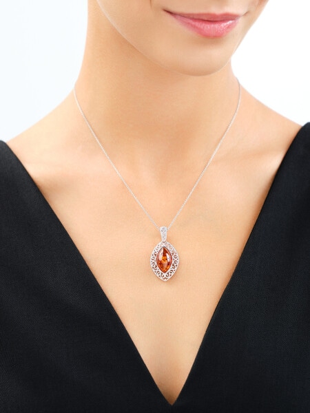 Rhodium Plated Silver Pendant with Amber