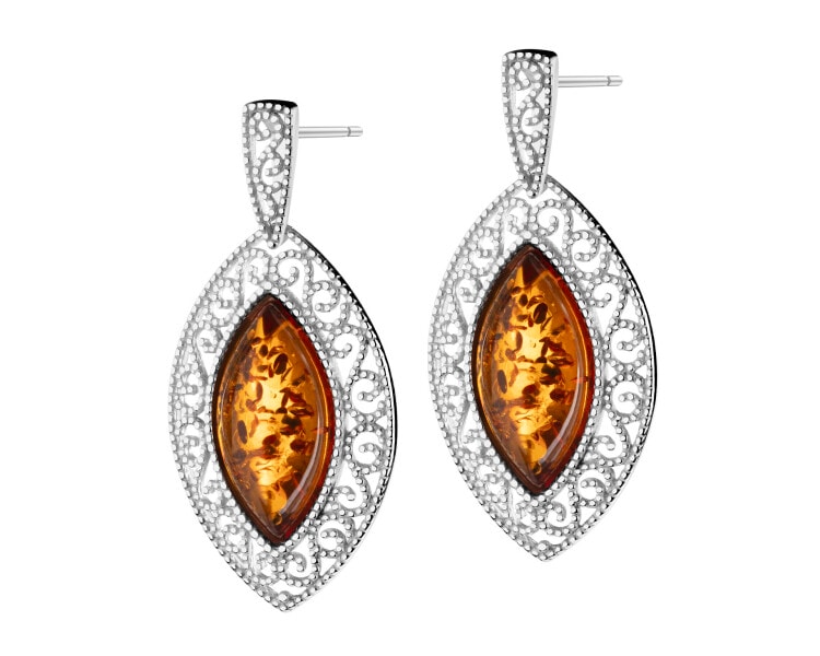 Rhodium Plated Silver Dangling Earring with Amber